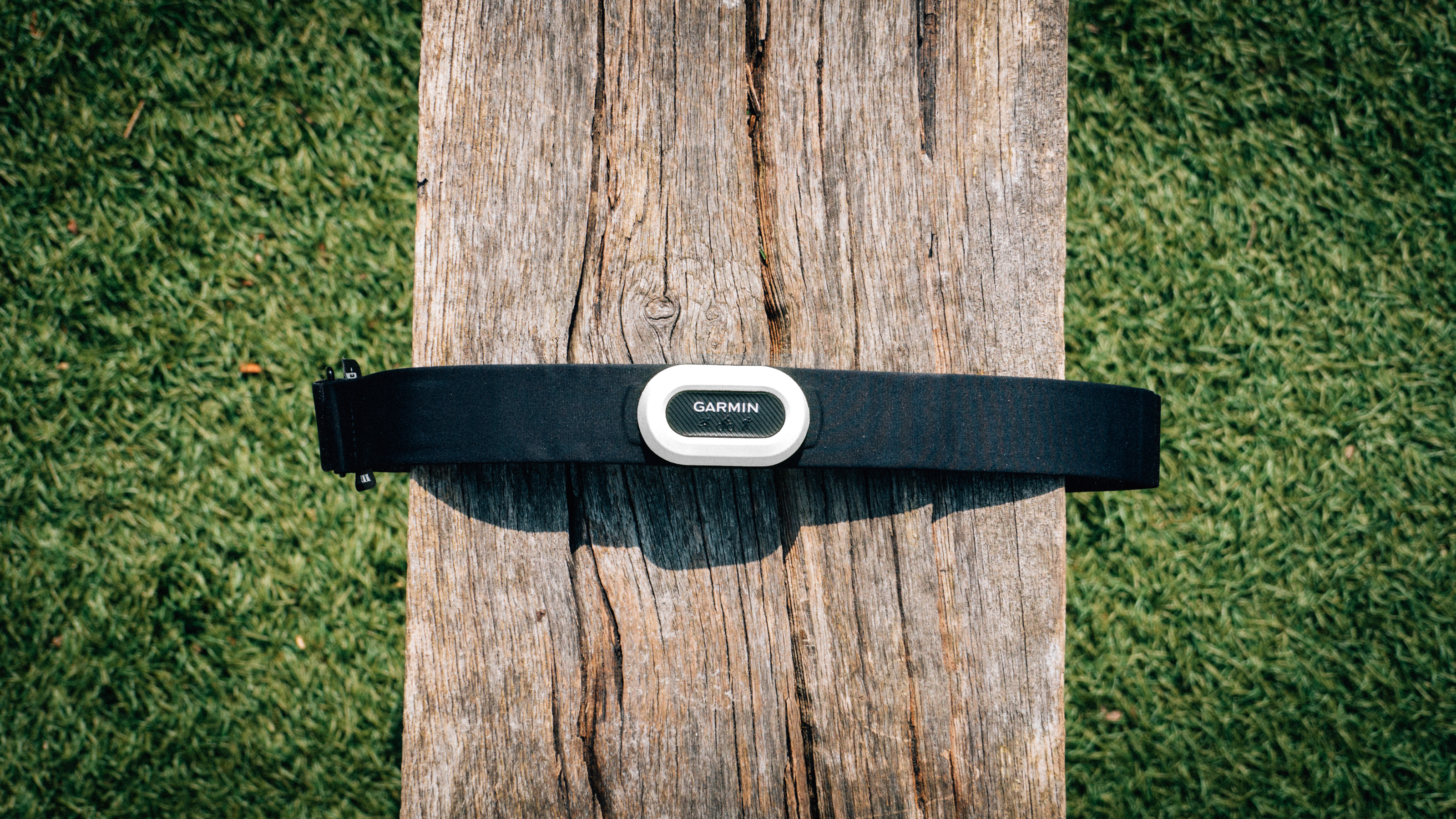 A Garmin HRM Pro Plus heart rate monitor wrapped around a wooden bench, with the focus of the image on the central white pod