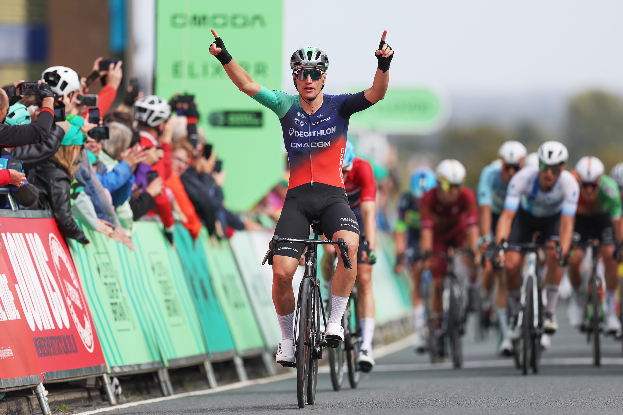BEVERLEY, ENGLAND - SEPTEMBER 04: Olav Kooij of Netherlands and Team Decathlon CMA CGM Team celebrates at finish line as stage winner during the 22nd Tour of Britain 2026, Stage 3 a 194.1km stage from Hull to Beverley on September 04, 2026 in Beverley, England. (Photo by George Wood/Getty Images)