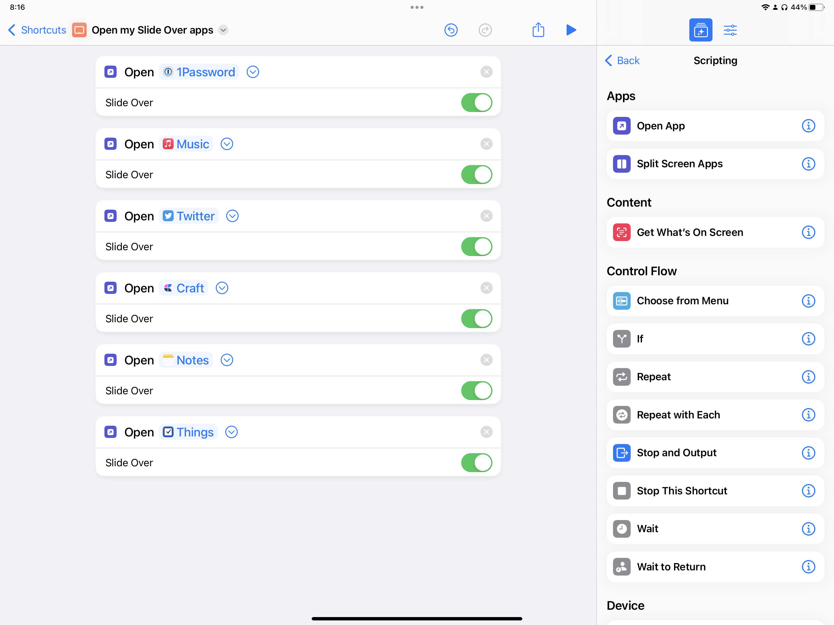 Cuplikan layar tindakan Buka Aplikasi dengan parameter Slide Over di Pintasan.