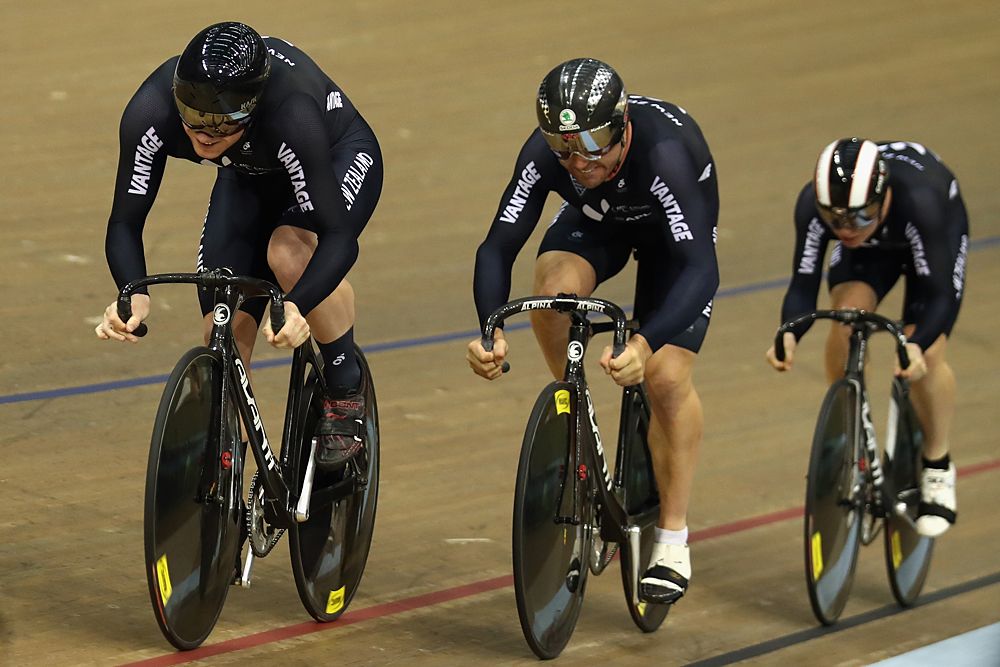 New Zealand: Zac Williams, Simon van Velthooven, Bradly Knipe in the men's team sprint