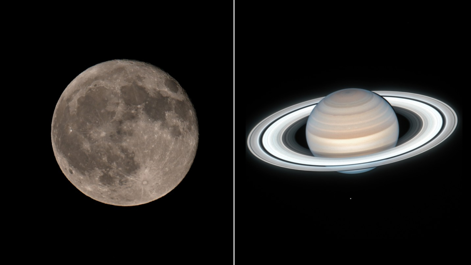 A composite image showing the lunar disk on the left with the planet Saturn on the right, both against a black background.
