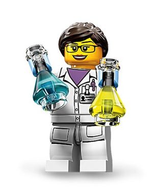 The first female Lego scientist holds two flasks