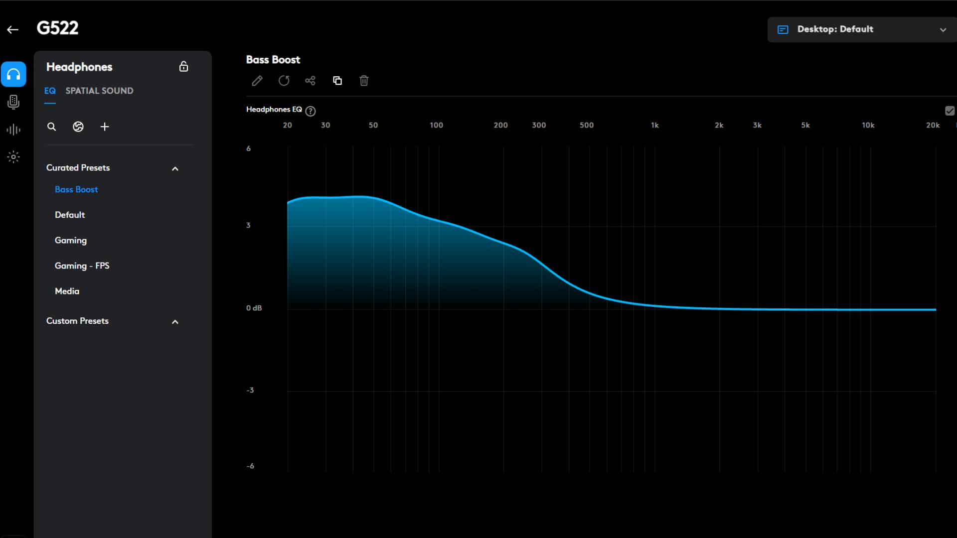 Screenshot of the Logitech G Hub software taken by Rosalie Newcombe showing the &#039;Bass Boost&#039; setting for the G522 Lightspeed headset.