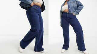 composite of model wearing Pieces Curve Peggy high waisted wide leg jeans in dark blue