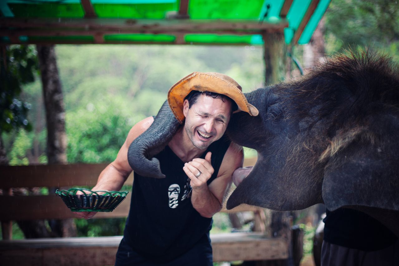 Elephant kisses a man who is feeding him at an elephant sanctuary in Thailand.