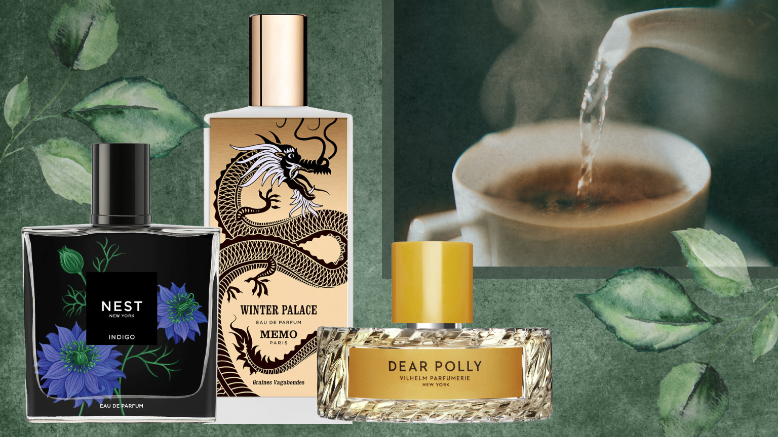 tea perfumes design with three bottles on a green backdrop with a teapot pouring liquid