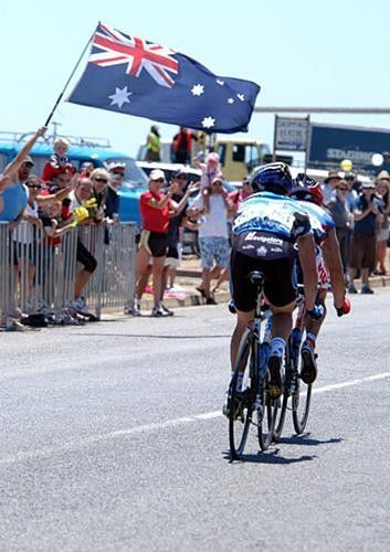 An Aussie flag flies proudly for Sprint King Robbie McEwen after claiming his second sprint win