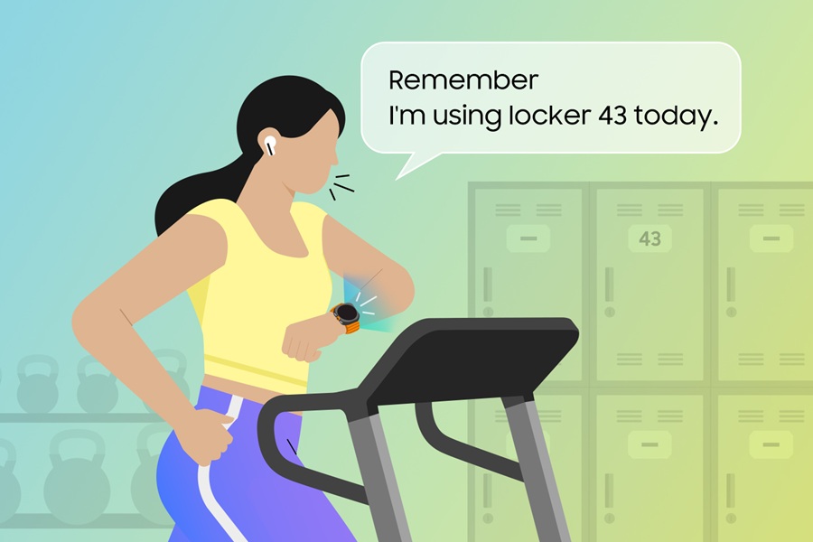 An illustration of a person utilizing Samsung's new Gemini integration for a reminder on a Galaxy Watch.