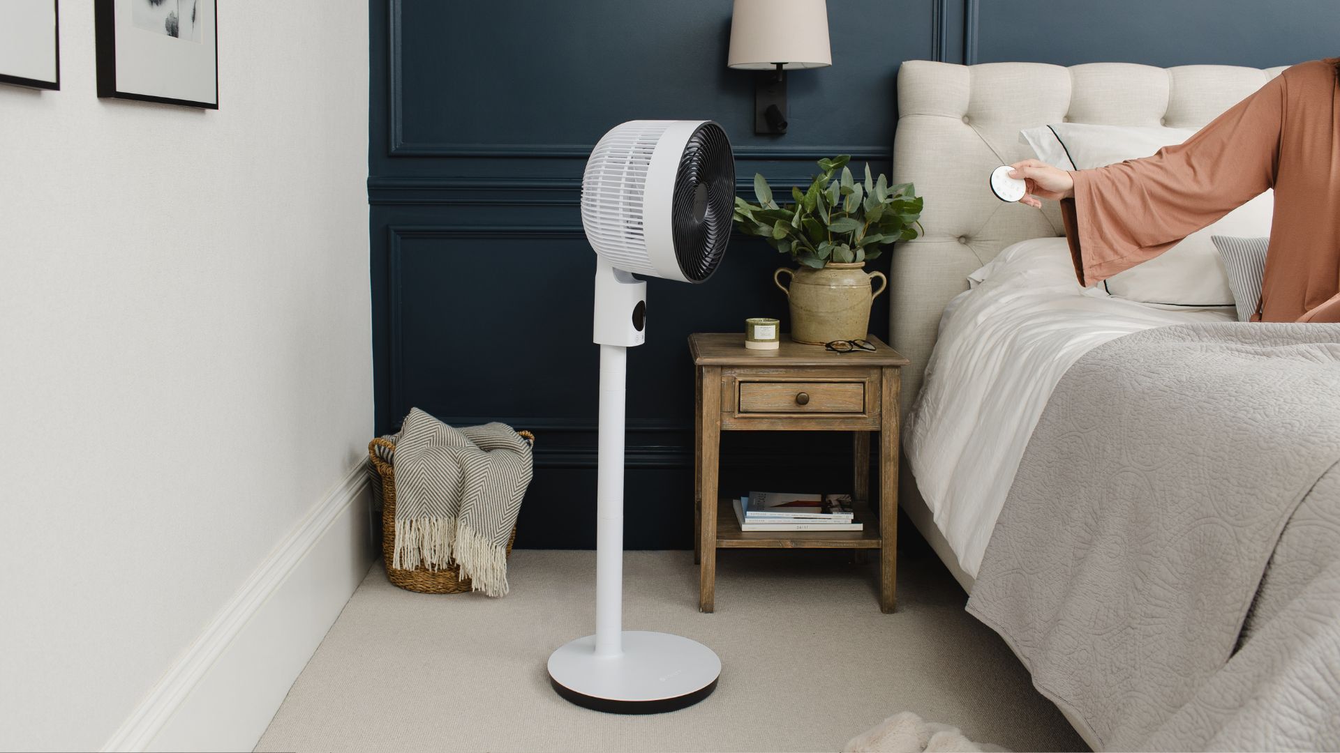 the new MeacoFan Sefte Air Circulator in a bedroom, facing the bed