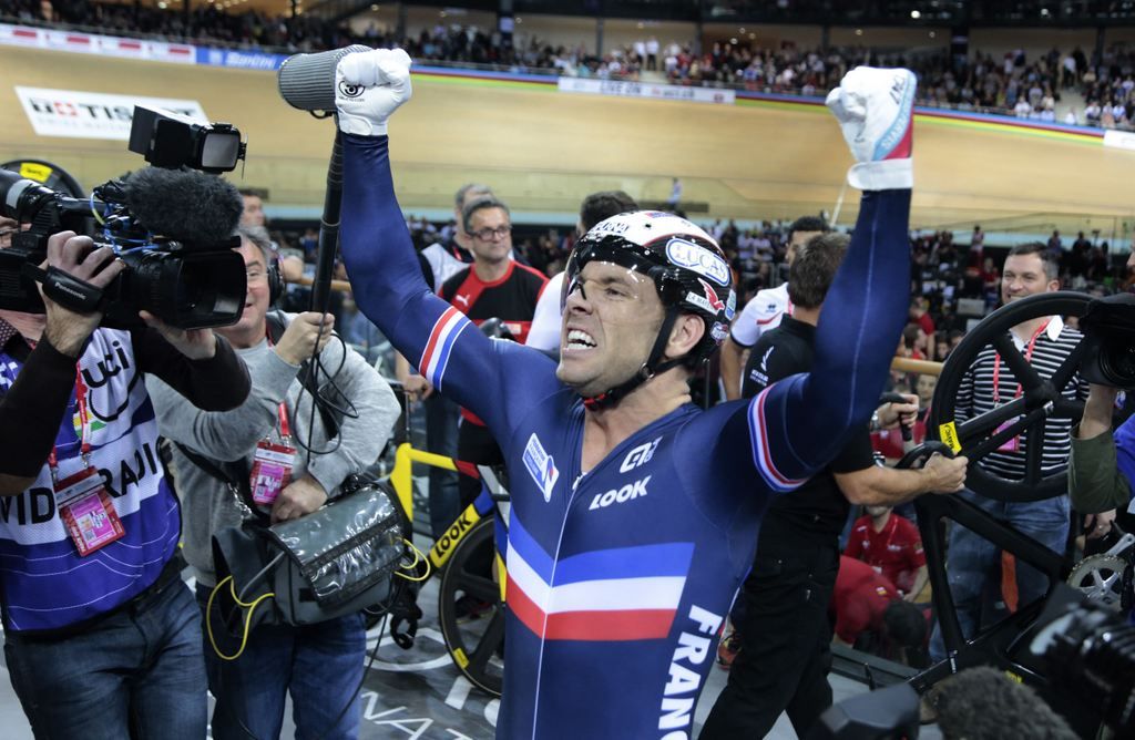 Francois Pervis celebrates winning the Keirin in home soil in Paris