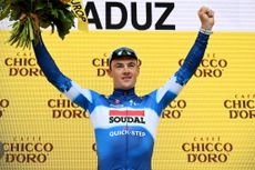 Yves Lampaert on the podium of stage 1 of the Tour de Suisse