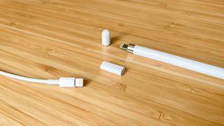 A Lightning cable, first-generation Apple Pencil with cap removed, and Apple Pencil charging adapter