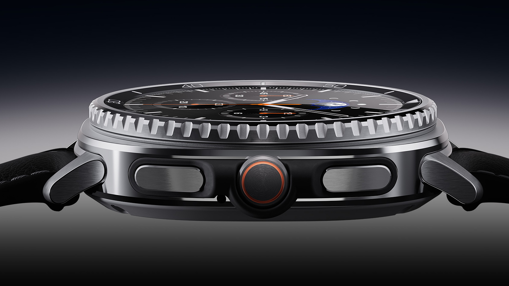 Close up product shot of the Samsung Galaxy Watch Classic on a dark background showing the clicky bezel and side case buttons