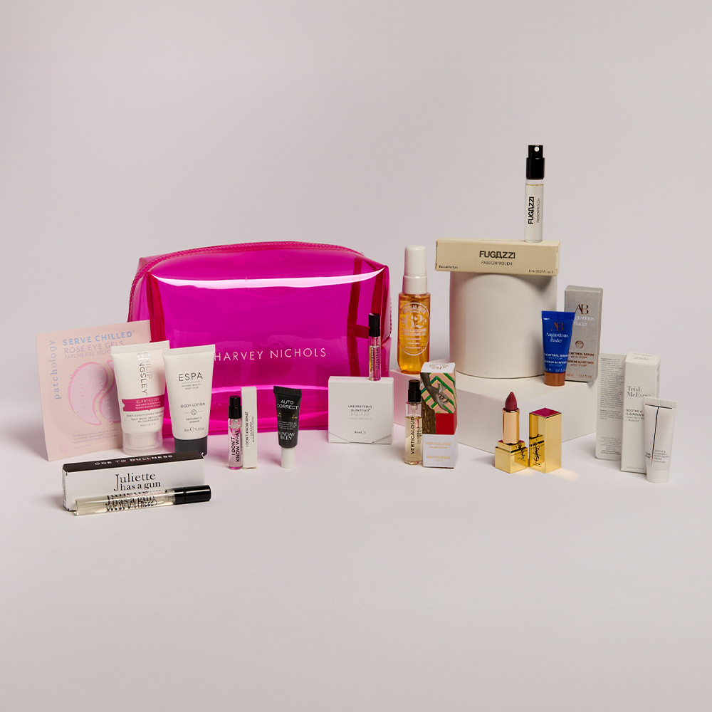 Beauty products sold in a bundle at Harvey Nichols with a pink makeup bag