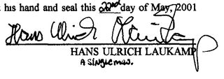 Records contain seven signatures signed by Hans-Ulrich Laukamp between 1997 and 2001 on five notarized documents. This particular document dates to May 22, 2001.