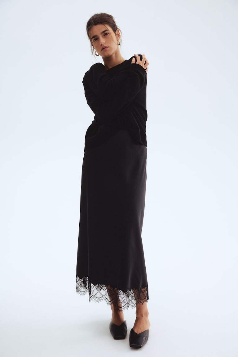 Lace-Trimmed Satin Skirt