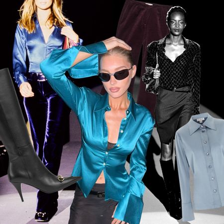 A collage featuring photos of models walking at Gucci shows during Tom Ford's time as creative director, as well as images of Hailey Bieber, Elsa Hosk, and more wearing outfits inspired by his designs.