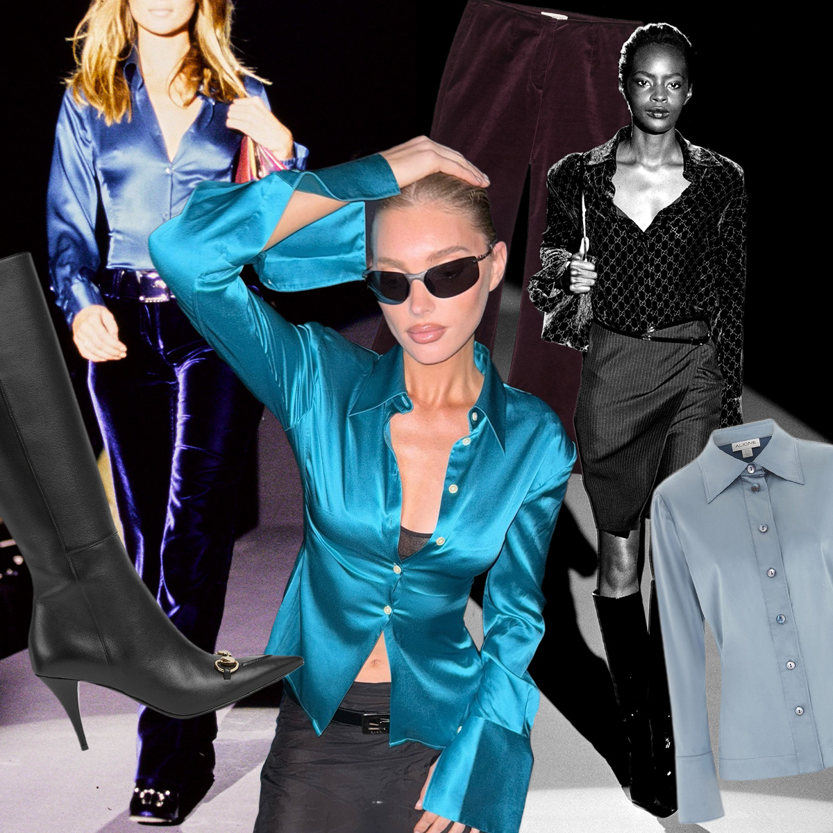 A collage featuring photos of models walking at Gucci shows during Tom Ford's time as creative director, as well as images of Hailey Bieber, Elsa Hosk, and more wearing outfits inspired by his designs.