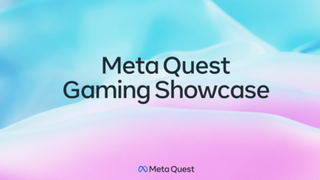 Black Meta Quest Gaming Showcase logo on pink and blue background