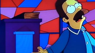 Ned Flanders in church looking up and begging God for guidance.