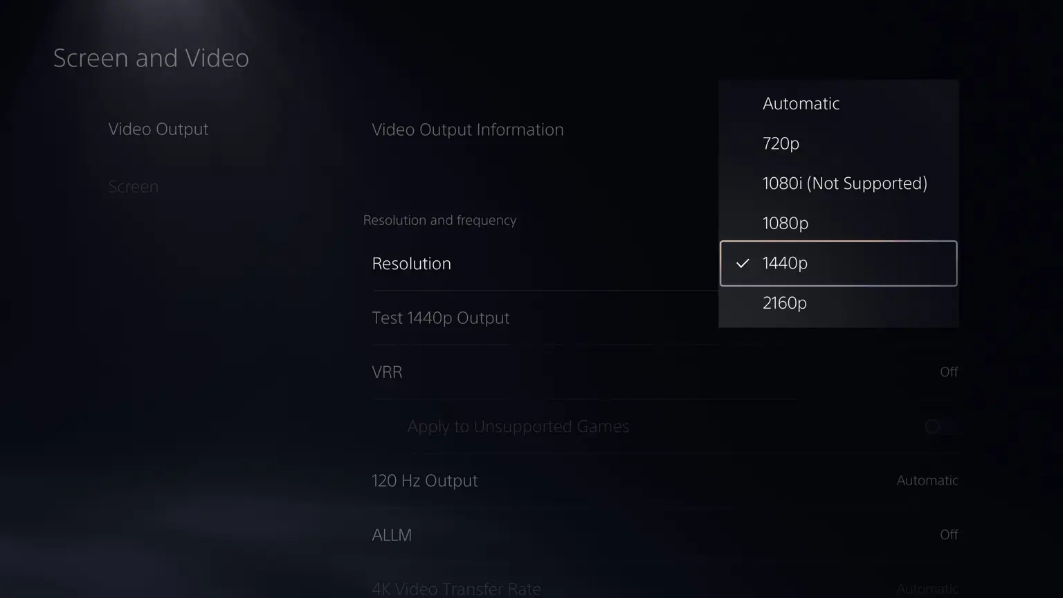 PS5 1440p setting found in the console's settings menu