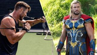 a photo of Chris Hemsworth doing a resistance band workout