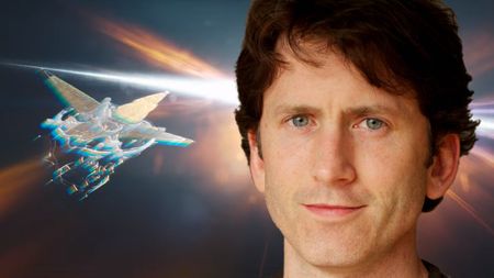 An image illustration of Bethesda's Todd Howard before the Starfield.