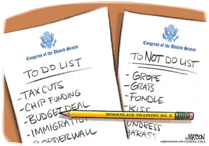 Political cartoon U.S. Congress sexual harassment budget deal