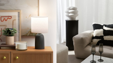 A lamp on a table and a cushion on a sofa