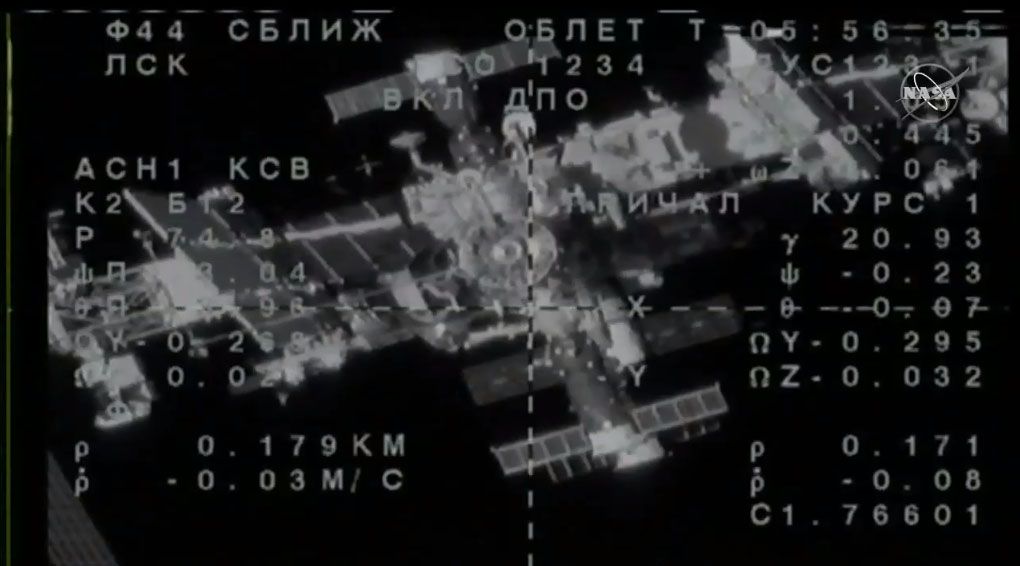 The Soyuz MS-14 spacecraft approaches the International Space Station during docking operations on Aug. 26, 2019.