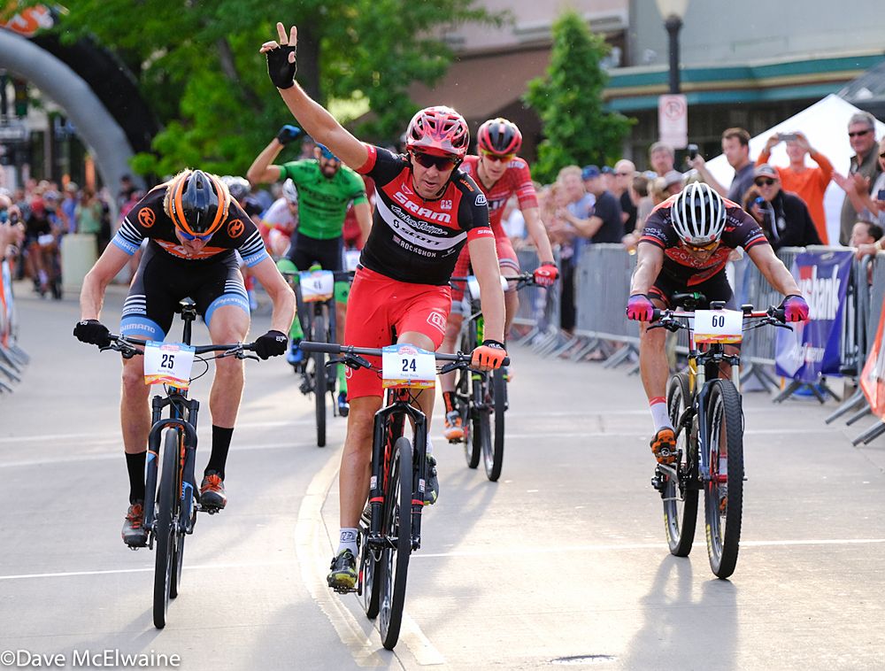 Todd Wells (SRAM TLD) celebrates winning the Grand Junction Fat Boy Crit.