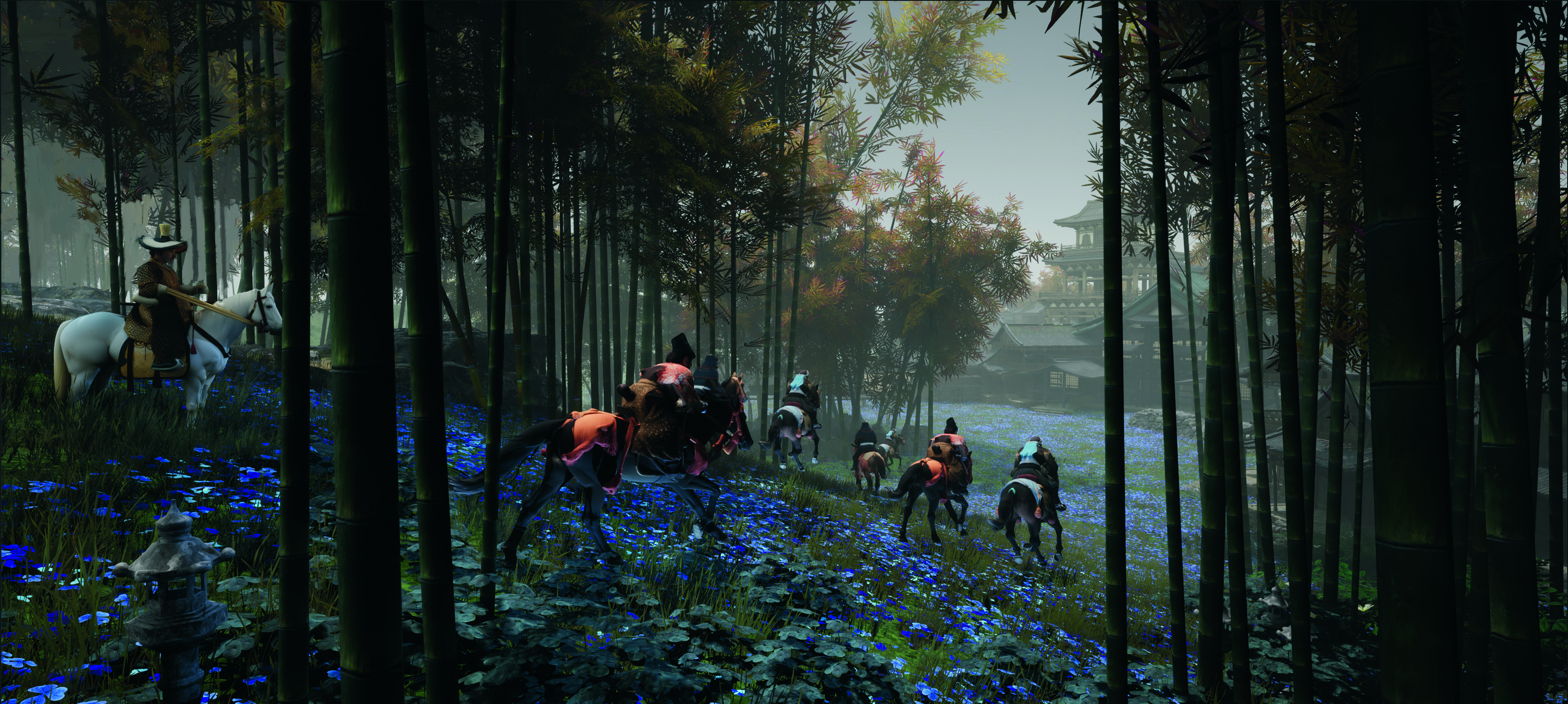 Digital art showing riders in a dark forest