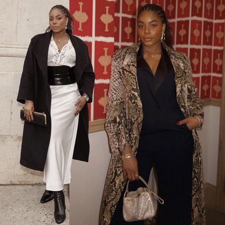 fashion collage of two chic outfit ideas from influencer Kaye Bassey