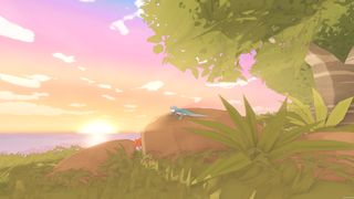 Gecko Gods showing a gecko looking over the sunrise or sunset