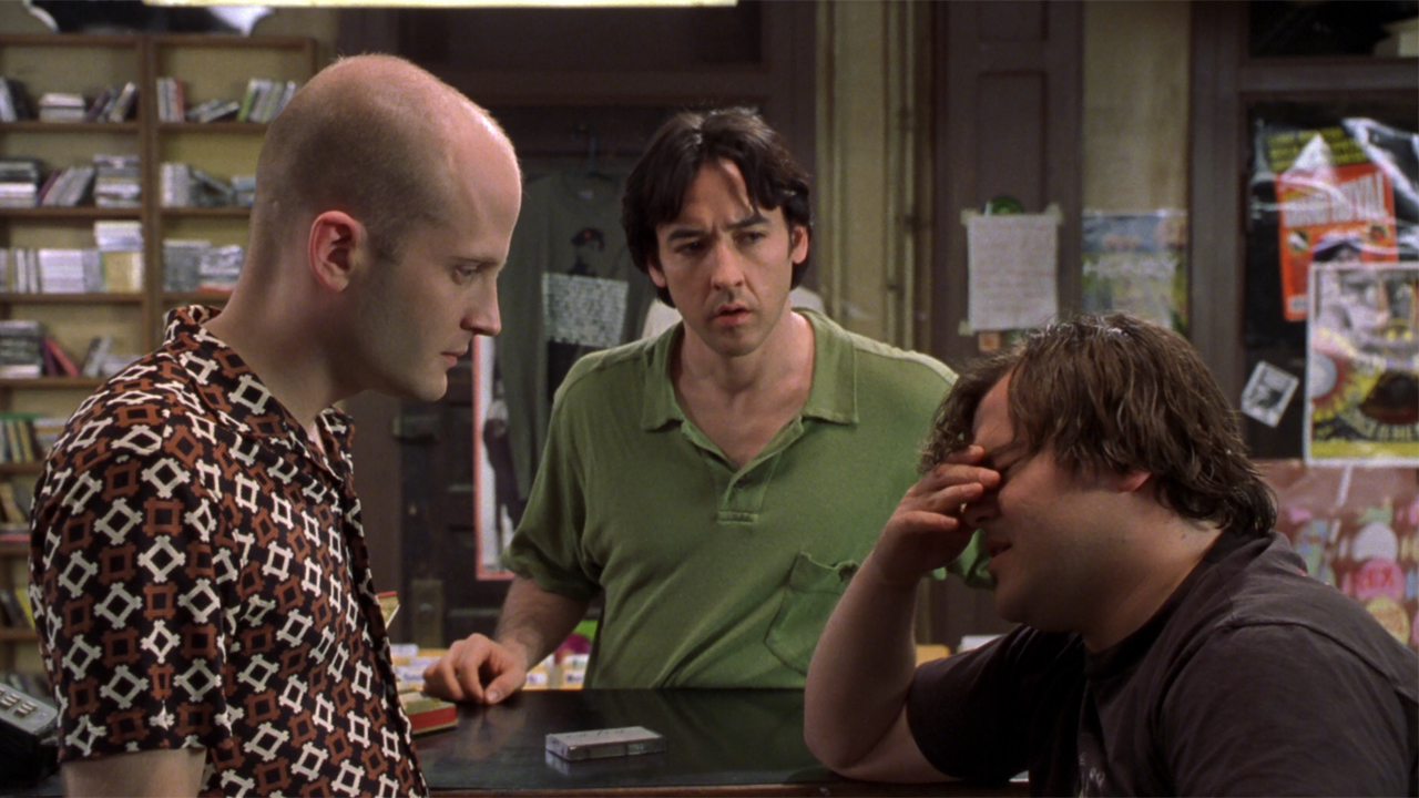 John Cusack as Rob Gordon with Todd Luiso as Dick and Jack Black as Barry in High Fidelity