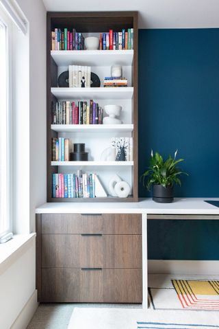 Styled wooden bookshelf in blue painted room
