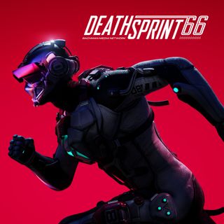 Deathsprint 66; a man in a race suit runs across a red backdrop