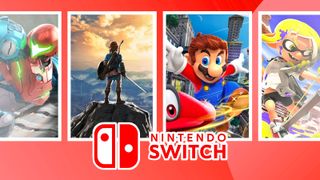 Shots from the various best Nintendo Switch games on a bright red background and the Switch logo