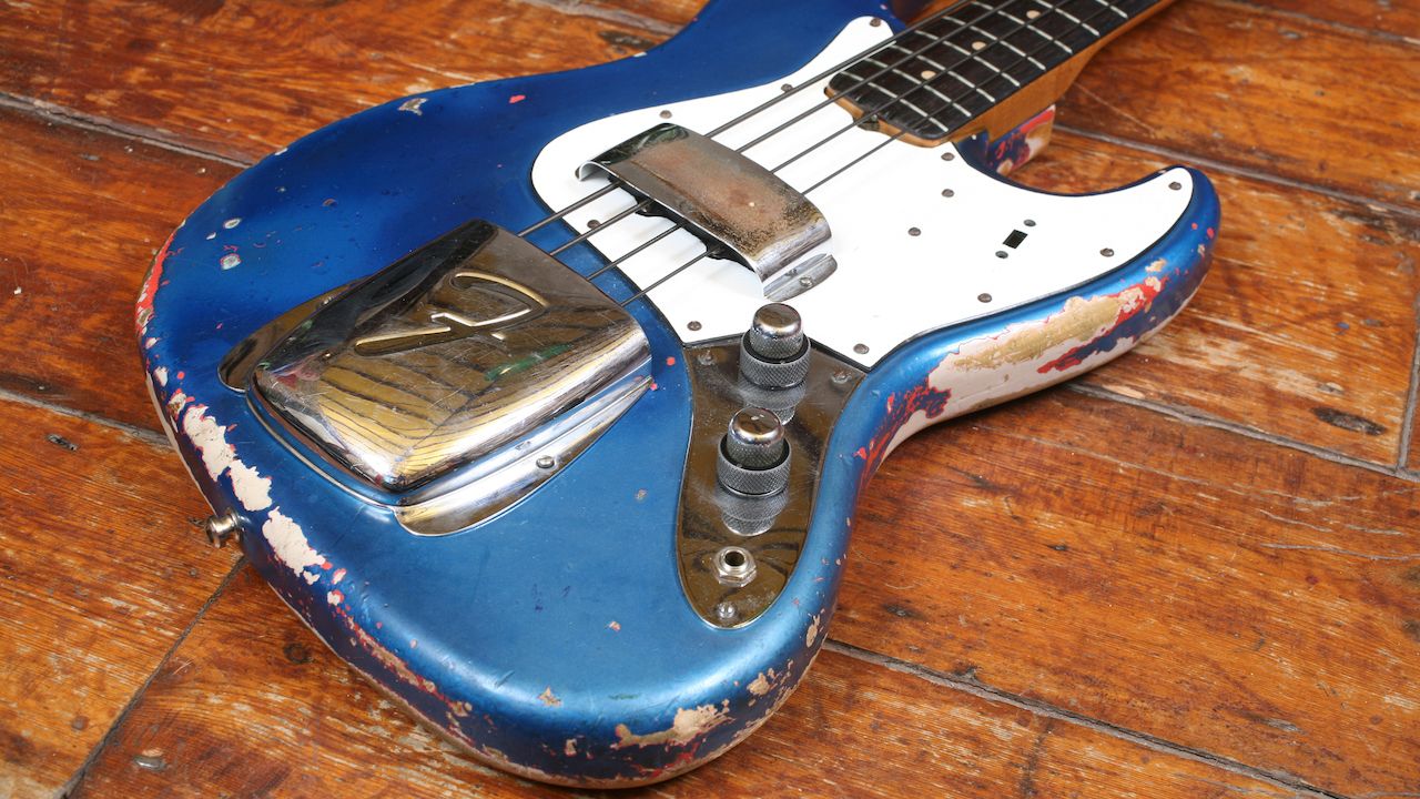 Photo of Fender jazz bass guitar belonging to session musician Herbie Flowers (ex Sky and Blue Mink) used during the recording sessions for Lou Reed's song 'Walk On The Wild Side'.