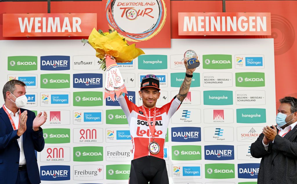 MEININGEN GERMANY AUGUST 25 Caleb Ewan of Australia and Team Lotto Soudal celebrates winning the stage on the podium ceremony after the 37th Deutschland Tour 2022 Stage 1 a 1717km stage from Weimar to Meiningen DeineTour on August 25 2022 in Meiningen Germany Photo by Stuart FranklinGetty Images