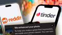 Reddit and Tinder logos on mobile phones and a text box that says 'we enhanced your photo'