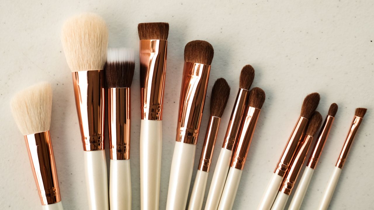 White makeup brushes on white background