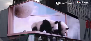 Two animated pandas coming to life in 3D, jumping off the side of a billboard.