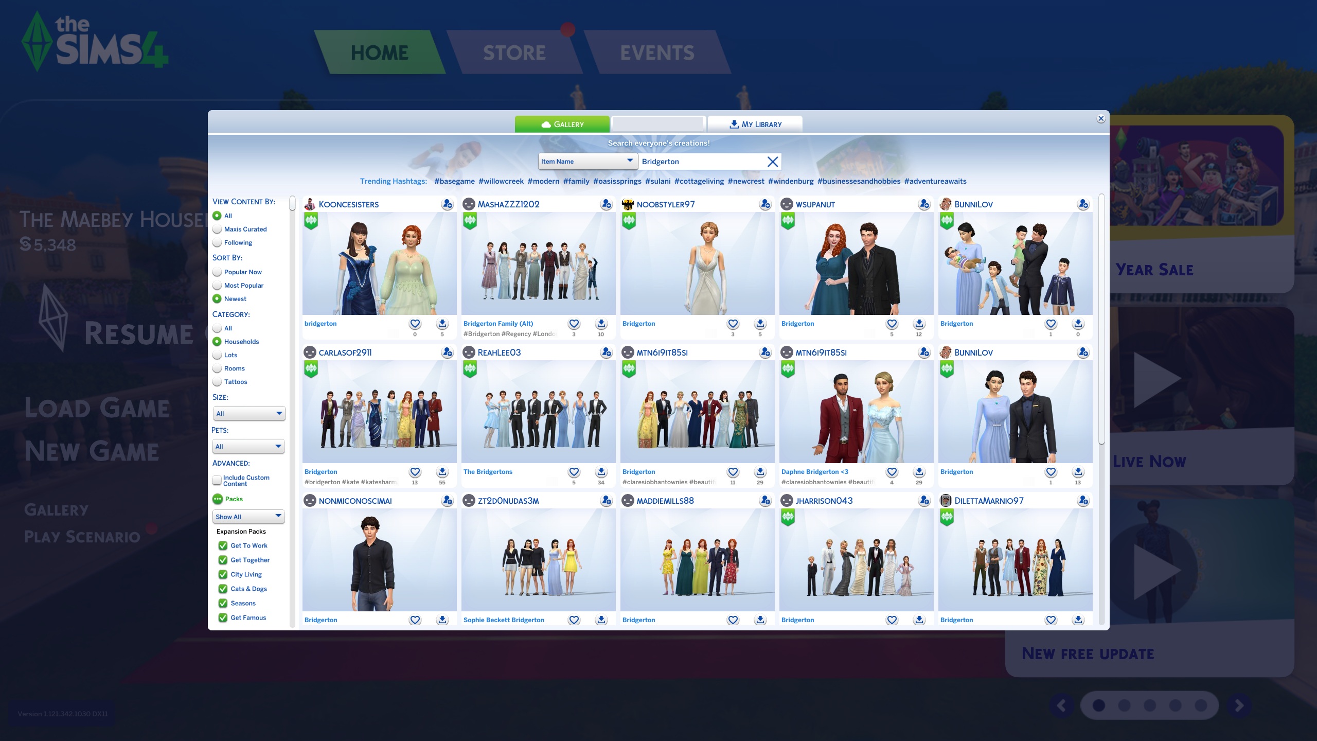 The Sims 4 gallery search for "Bridgerton"