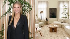 Two pictures - one to the left of Gwyneth Paltrow wearing a black blazer in front of a wooden panel and plant background and one of a living room with a white couch, armchairs, wooden coffee table, and patterned rug