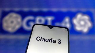 Anthropic Claude 3 branding displayed on a smartphone screen with OpenAI's GPT-4 logo pictured in background.