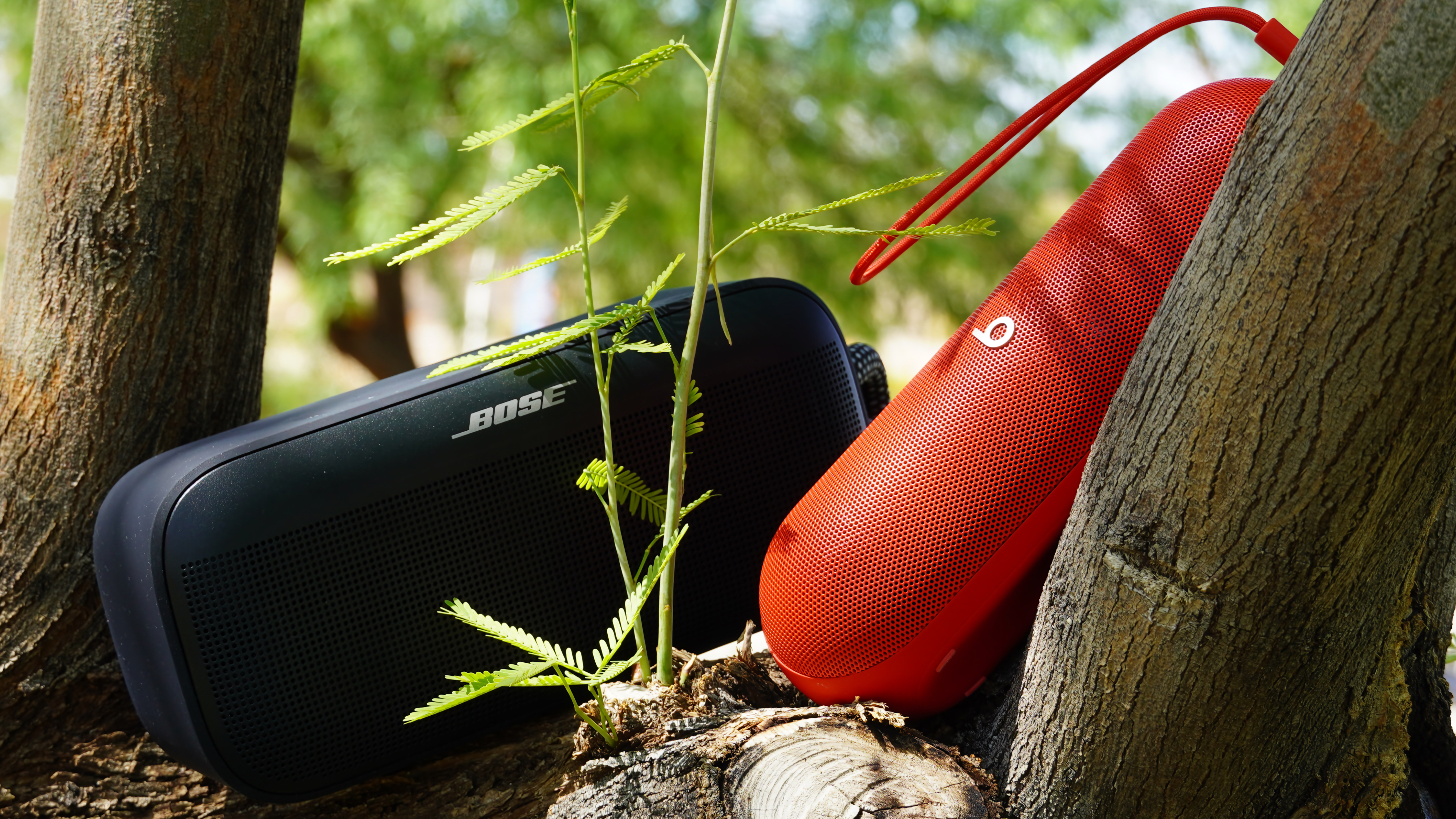 The Bose SoundLink Plus (black) beside the Beats Pill (red) tucked in a tree.