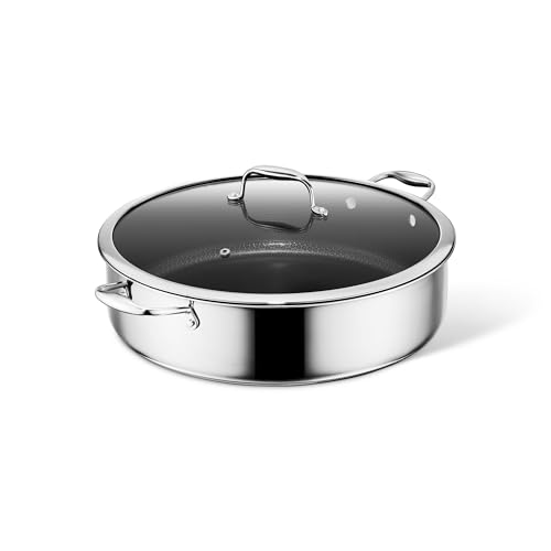 Hexclad Hybrid Nonstick 10-Quart Deep Saut&amp;eacute; Pan With Tempered Glass Lid, Stay-Cool Handle, Dishwasher-Friendly, Oven-Safe Up to 900&amp;deg;f, Induction Ready, Compatible With All Cooktops