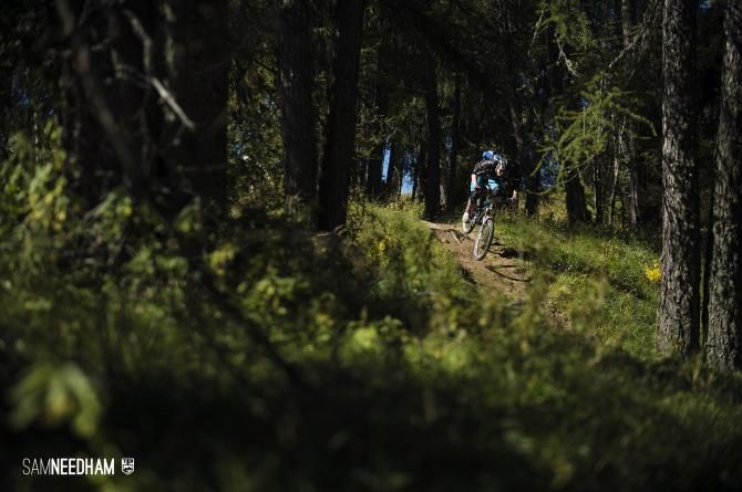 A rider flies through the woods