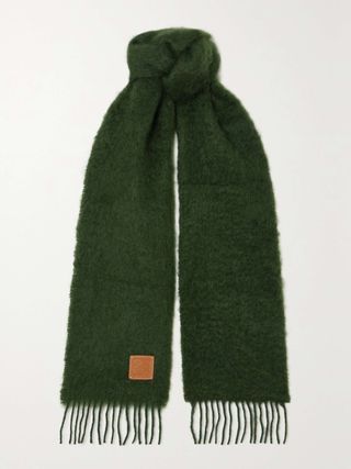 Fringed Leather-Trimmed Mohair-Blend Scarf